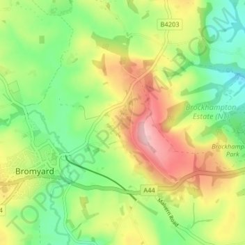 Bromyard Downs topographic map, elevation, terrain