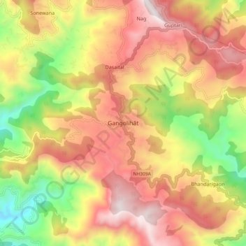 Gangolihāt topographic map, elevation, terrain