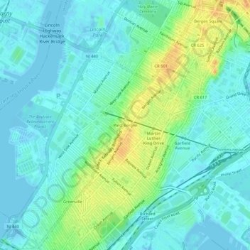 West Bergen topographic map, elevation, terrain