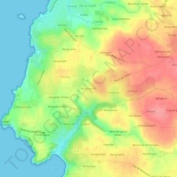 Kerlaouenan topographic map, elevation, terrain