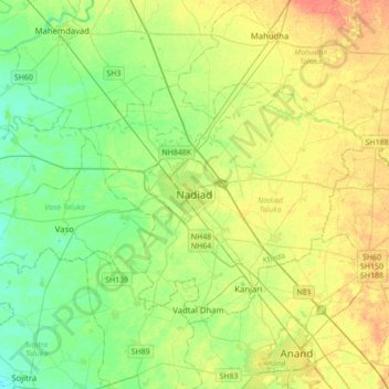 Nadiad topographic map, elevation, terrain