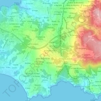O Camiño Grande topographic map, elevation, terrain