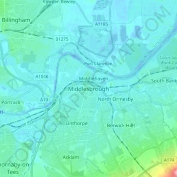 Middlesbrough topographic map, elevation, terrain