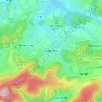 Felbecke topographic map, elevation, terrain