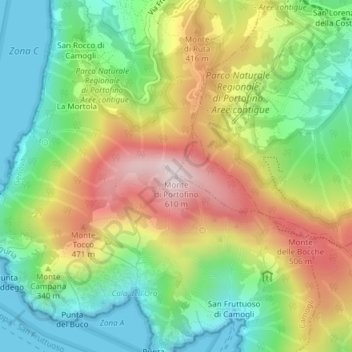 Monte di Portofino topographic map, elevation, terrain