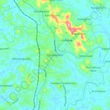 Ettumanoor topographic map, elevation, terrain