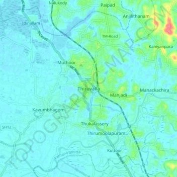 Thiruvalla topographic map, elevation, terrain