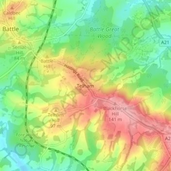 Telham topographic map, elevation, terrain