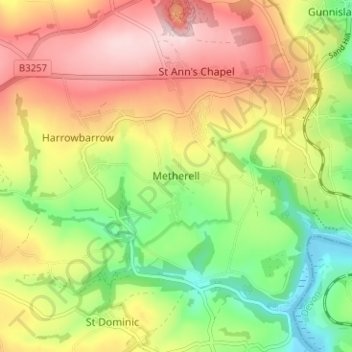 Metherell topographic map, elevation, terrain