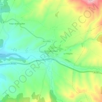 Torres del Obispo topographic map, elevation, terrain