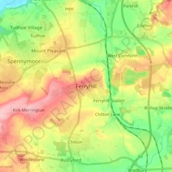 Ferryhill topographic map, elevation, terrain