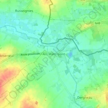 Arc-Wattripont topographic map, elevation, terrain