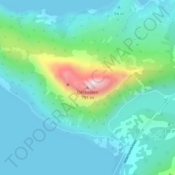 Okstinden topographic map, elevation, terrain