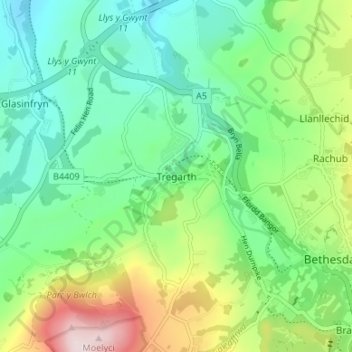Tregarth topographic map, elevation, terrain