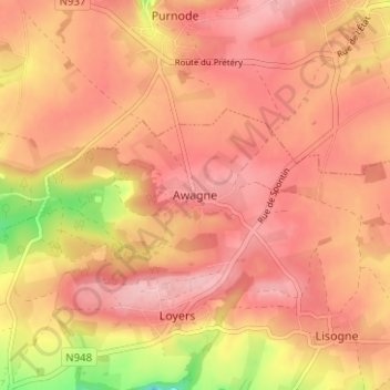 Awagne topographic map, elevation, terrain