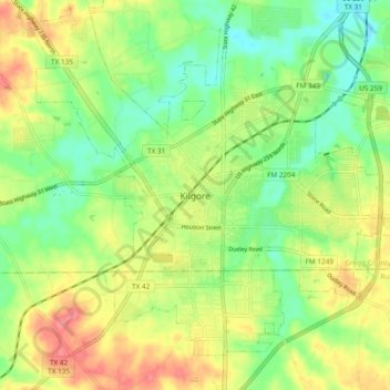 Kilgore topographic map, elevation, terrain