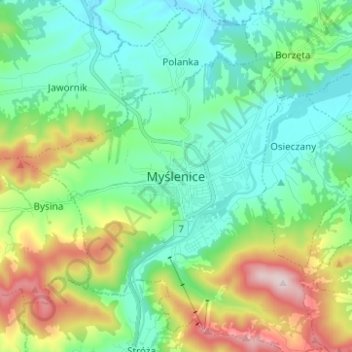 Myślenice topographic map, elevation, terrain