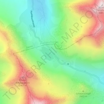 Flüelapass topographic map, elevation, terrain