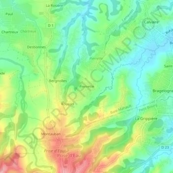 Pierrette topographic map, elevation, terrain