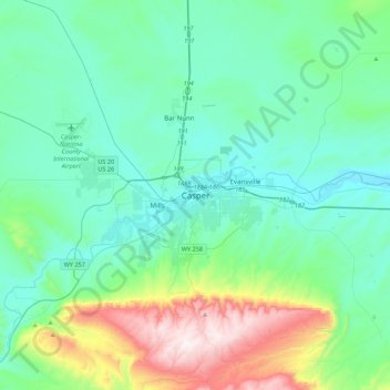 Casper topographic map, elevation, terrain