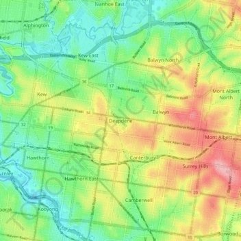Deepdene topographic map, elevation, terrain
