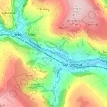 Hawksclough topographic map, elevation, terrain