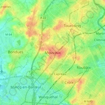 Mouvaux topographic map, elevation, terrain