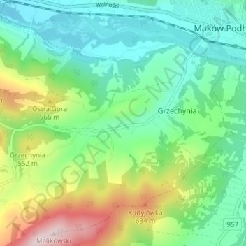 Grzechynia Dolna topographic map, elevation, terrain