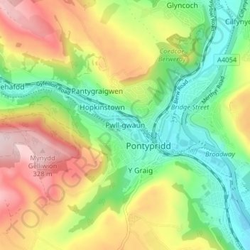 Pwll-gwaun topographic map, elevation, terrain