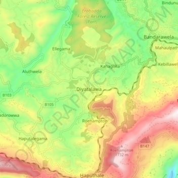 Diyatalawa topographic map, elevation, terrain