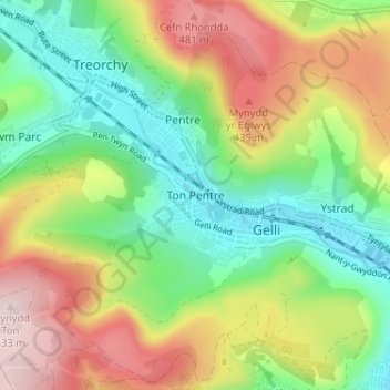 Ton Pentre topographic map, elevation, terrain