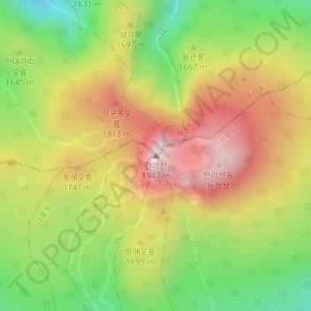 Hallasan topographic map, elevation, terrain