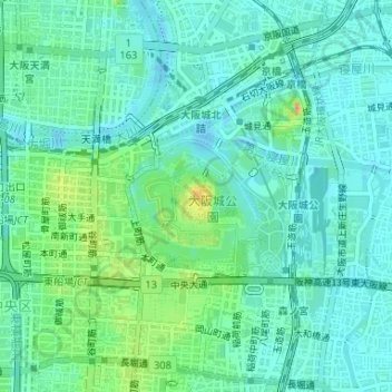 Osaka Castle topographic map, elevation, terrain
