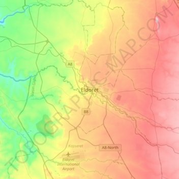 Eldoret topographic map, elevation, terrain