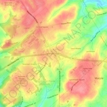 Newtown Square topographic map, elevation, terrain