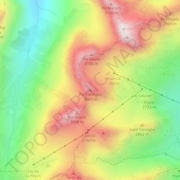 Piz Corviglia topographic map, elevation, terrain