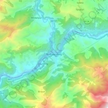 Rudraprayag topographic map, elevation, terrain