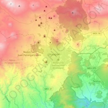 Uruapan topographic map, elevation, terrain