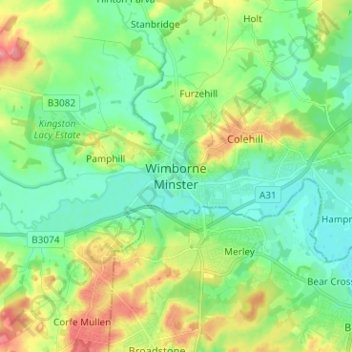 Wimborne Minster topographic map, elevation, terrain