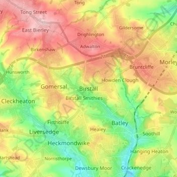 Birstall topographic map, elevation, terrain