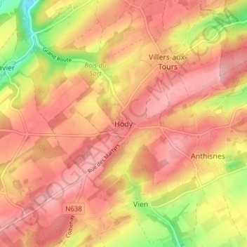 Hody topographic map, elevation, terrain