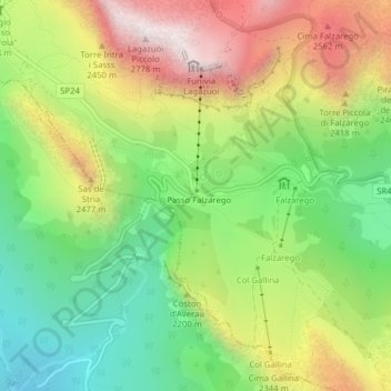 Falzarego Pass topographic map, elevation, terrain