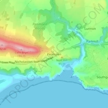 Penmaen topographic map, elevation, terrain