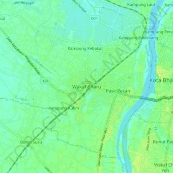Wakaf Bharu topographic map, elevation, terrain