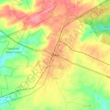 McBee topographic map, elevation, terrain