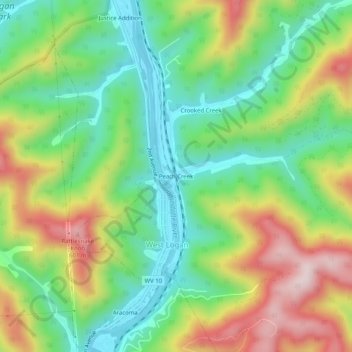 Peach Creek topographic map, elevation, terrain