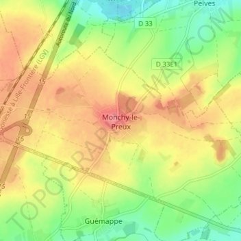 Monchy-le-Preux topographic map, elevation, terrain