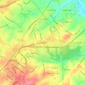 East Gaffney topographic map, elevation, terrain