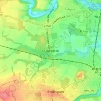 Choppington topographic map, elevation, terrain