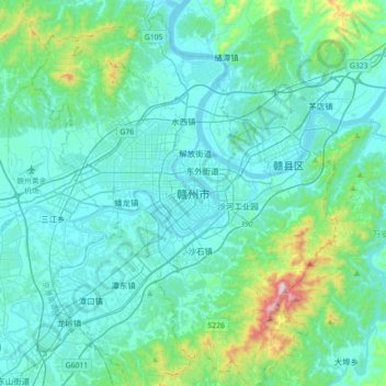Ganzhou topographic map, elevation, terrain